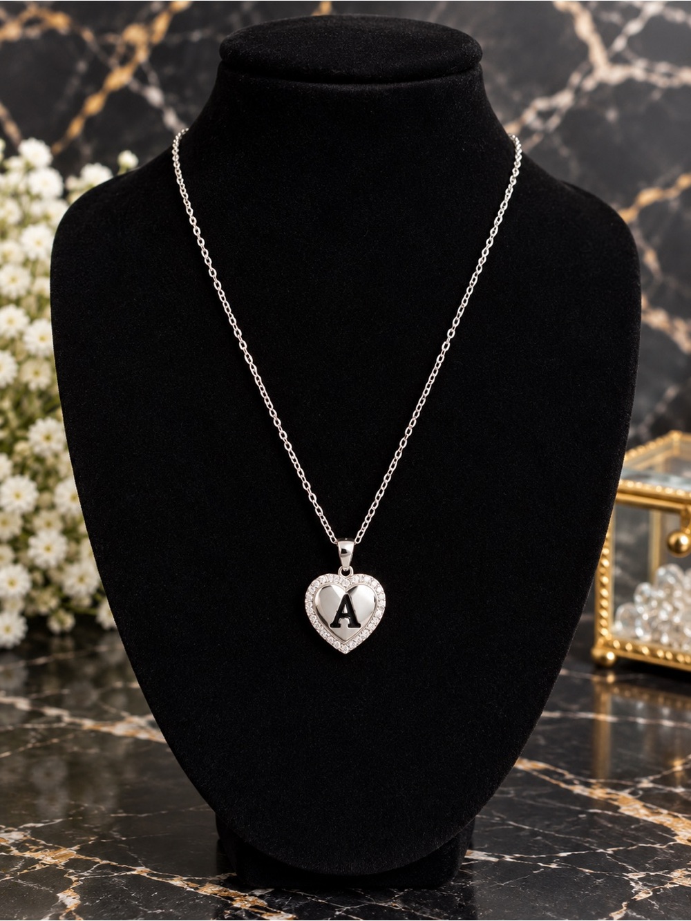 925 Sterling Silver Heart A Initial Necklace 18” + 2” Extender NWT